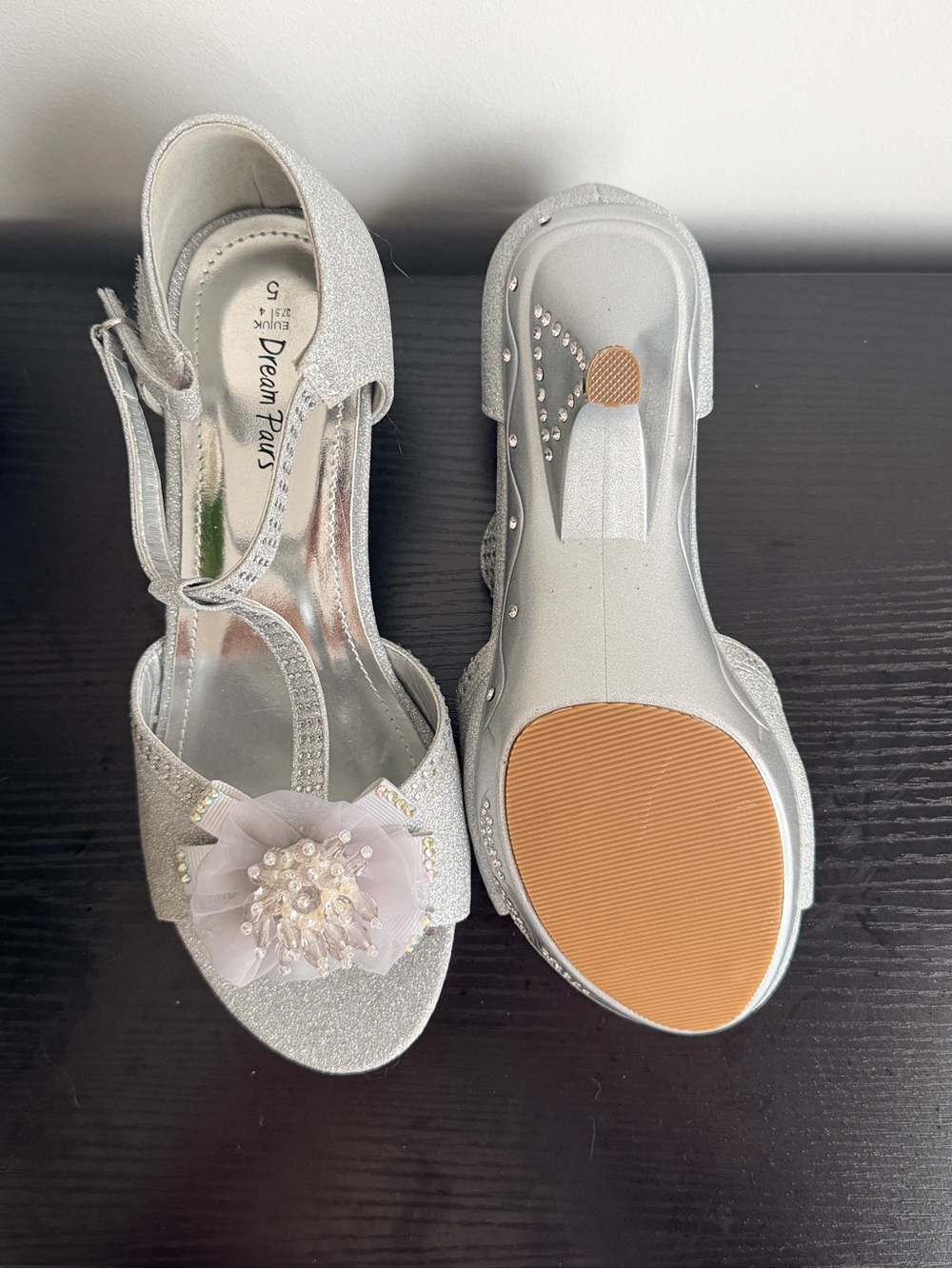 Dream Pairs Silver Glitter T-Strap Heels with Pearl Flower